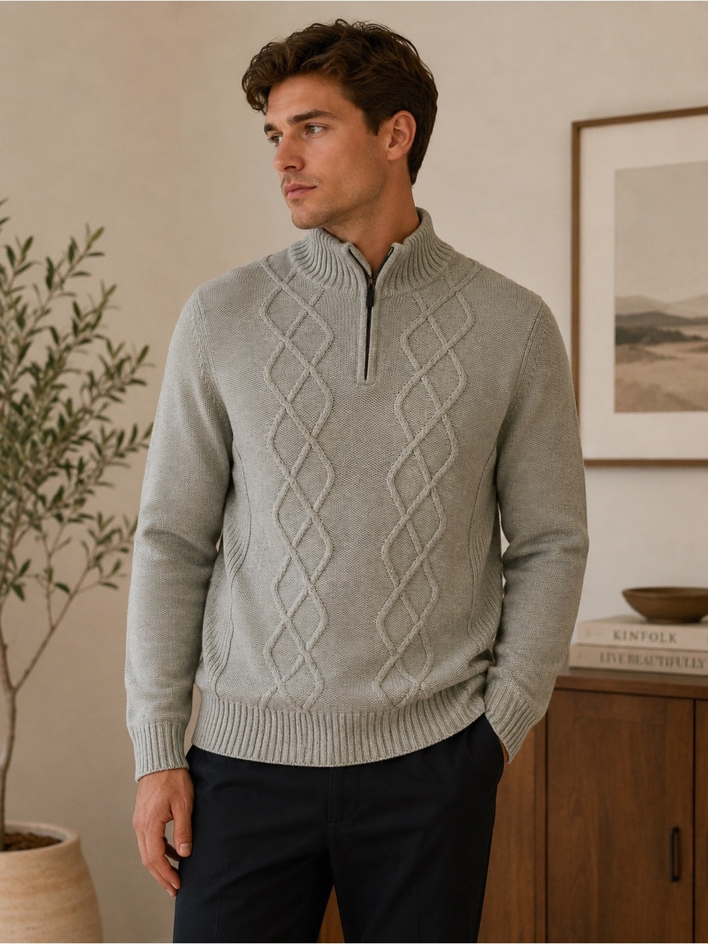 Tasso Elba Light Gray Cable Knit Half Zip  Pullover Mock Neck Sweater Large